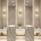 Gold Crystal Wall Sconces Set of Two, Wall Sconce Set of 2, Brass Sconces Wall Lighting with K9 Crystal Lampshade, Wall Lights for Bedroom Living Room Bathroom Hallway