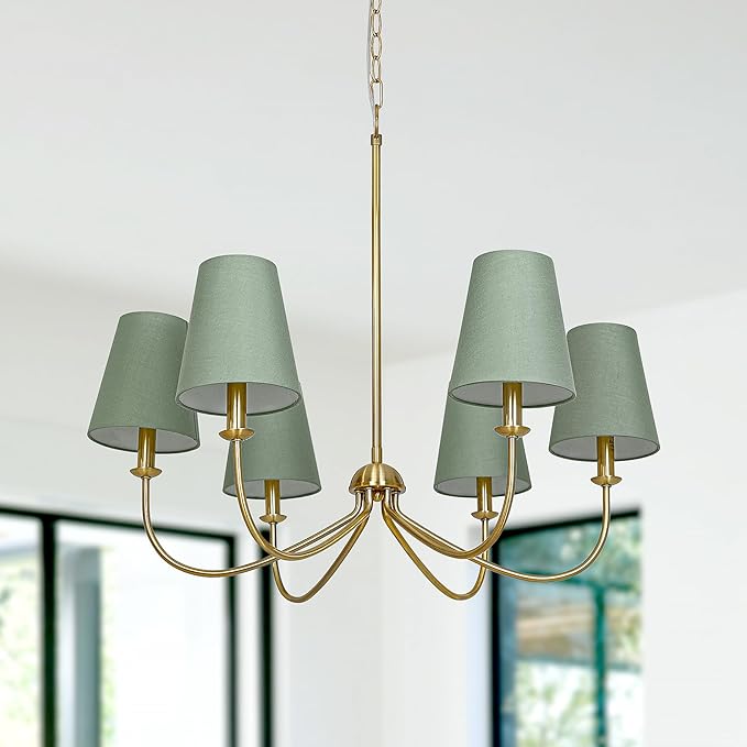 Gold Chandelier, Brushed Brass with Green Fabric Shade, 6-Light 28" Modern Farmhouse Linear Pendant Lighting Fixture for Dining Living Room Kitchen Island Bedroom