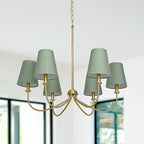Gold Chandelier, Brushed Brass with Green Fabric Shade, 6-Light 28" Modern Farmhouse Linear Pendant Lighting Fixture for Dining Living Room Kitchen Island Bedroom