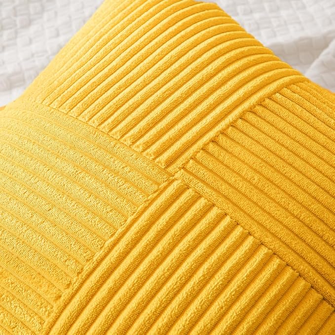 MIULEE Golden Yellow Corduroy Pillow Covers Pack of 2 Boho Decorative Spliced Throw Pillow Covers Solid Couch Pillowcases Cross Patchwork Textured Cushion Covers for Living Room Bed Sofa 18x18 inch