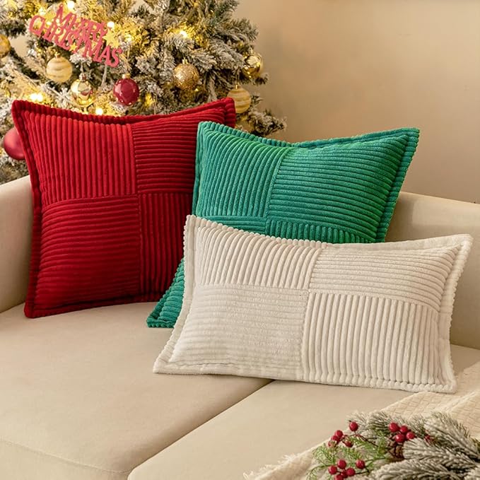 MIULEE Christmas Decorative Throw Pillow Covers for Couch Bed Livingroom 12x12 Inch Set of 2 Red Boho Accent Throw Pllows Broadside Striped Patchwork Soft Corduroy Pillowcases