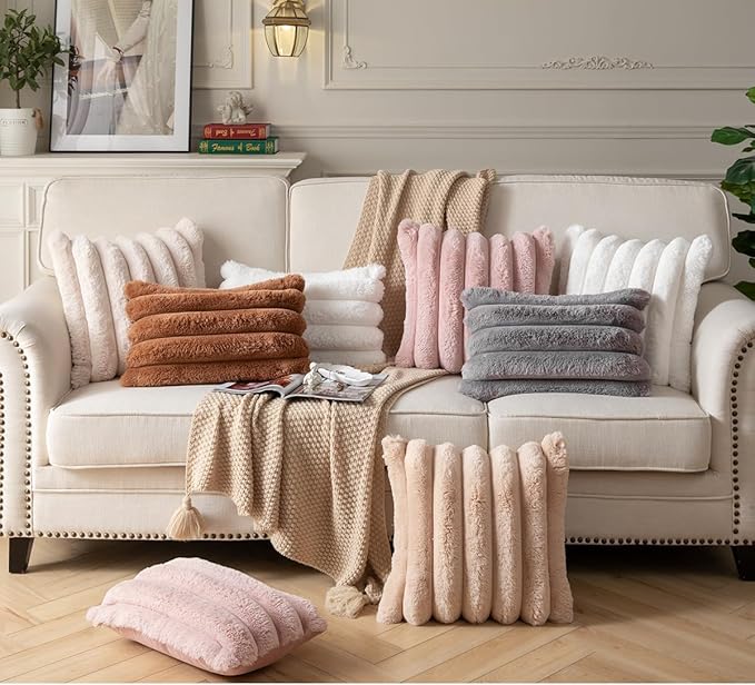 Faux Fur Plush Throw Pillow Covers 16x16 Inch Set of 2 - Luxury Decorative Fuzzy Striped Soft Cozy Pillowcase for Couch, Sofa, Living Room - Darkgrey