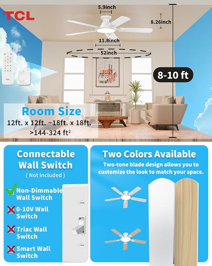 TCL 52" Low Profile Ceiling Fan with Light, Slim, White, Flush Mount, DC Reversible Motor, 6 Speeds, Remote Control, Noiseless, Dimmable, LED Light, 3CCT, Modern Ceiling Fan for Bedroom Living Room