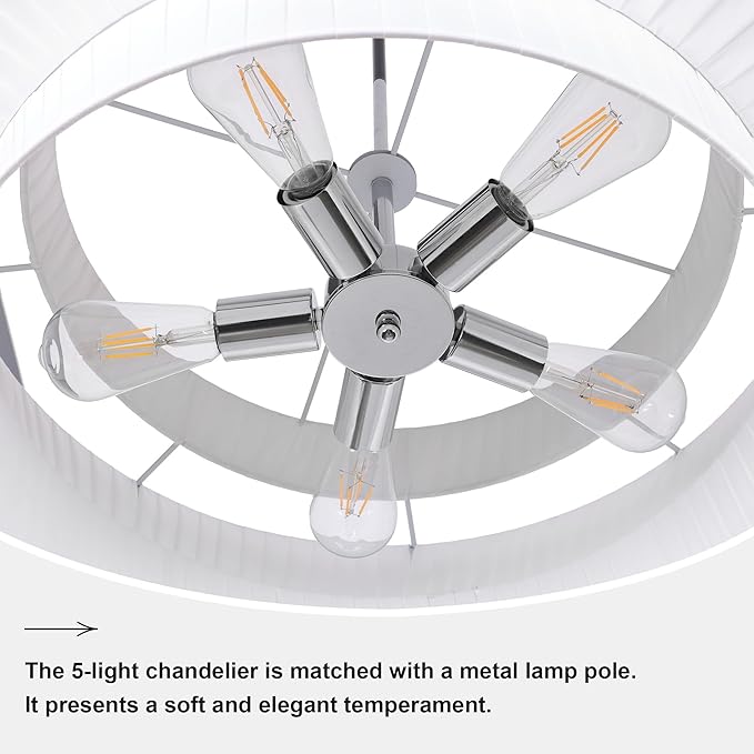 LamQee 3-Tier Large Farmhouse Drum Chandelier, 23.6inch Modern Ceiling Light Fixture Chrome Pendant Hanging Light with Fabric Shade for Living Room Bedroom Kitchen Island Over Table