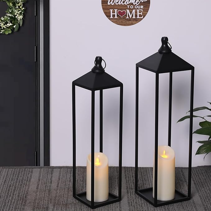 22'' 19'' Large Lanterns Decorative Outdoor Indoor, Set of 2 Black Metal Candle Lanterns Halloween Lanterns Modern Farmhouse Floor Lanterns Decorative for Home Decor, Mantle, Patio, Porch, Garden