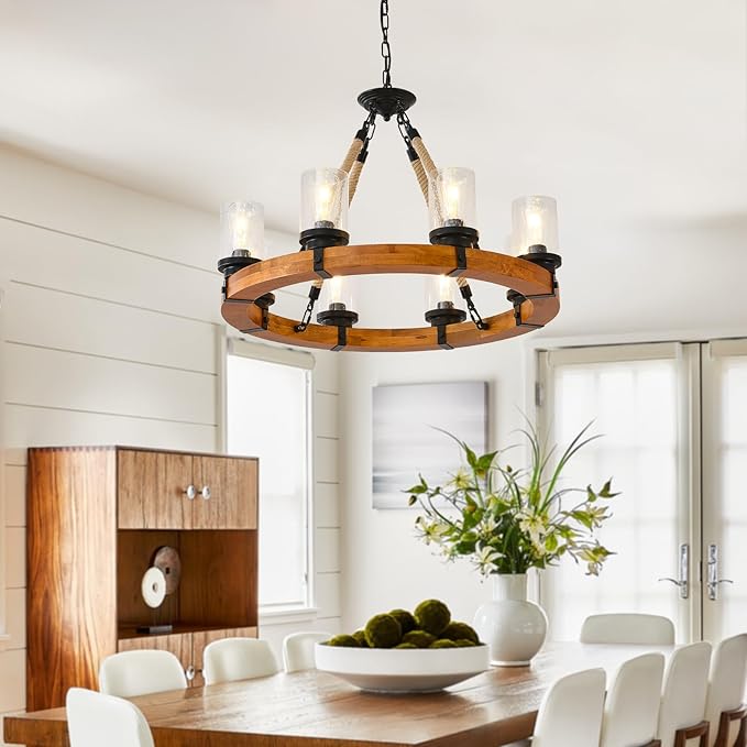 8 Light Rustic Wagon Wheel Chandelier, 32'' Wooden Pendant Light with Seeded Glass Shade, Industrial Chandeliers for Dining Room Kitchen Island Foyer (Solid One-Piece Wood Frame Design)