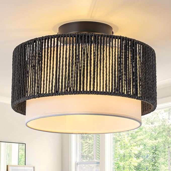 SineRise 12'' Rattan Flush Mount Ceiling Light Fixture,2-Tier Drum Hand-Woven Boho Flush Mount Ceiling Light,Farmhouse Light Fixture for Living Room,Kitchen,Bedroom Foyer Entryway ect.（Black）