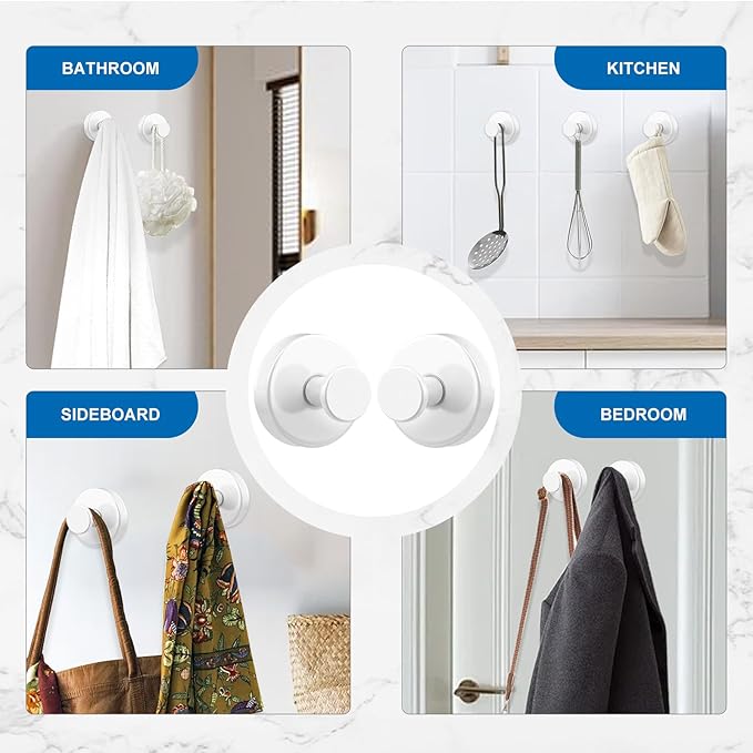 Suction Cup Hooks for Towels Robes, Heavy Duty Bathroom Shower Hooks Stainless Steel, No Drill on Smooth Wall,Glass,Mirror, Tile in Bedroom Kitchen to Hang Swimsuit Washcloths (2, White)
