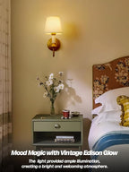 Brass Boho Fabric Wall Sconce Light with Curved Arm, Rustic Linen Cloth Wall Light Fixtures, Hardwired Brass Wall Mounted Lamp for Bathroom Vanity Bedroom Living Room