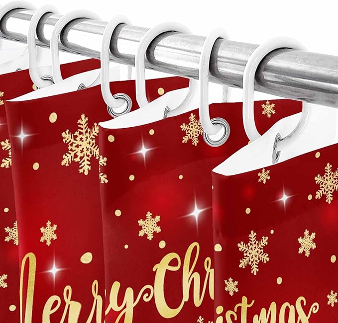 Christmas Shower Curtain, Merry Christmas Shower Curtains Set with Hooks, Gold Star Xmas Tree Snowflakes Waterproof Bathroom Curtains Xmas Holiday Decor Home Accessories,72 X 84 Inch Extra Long