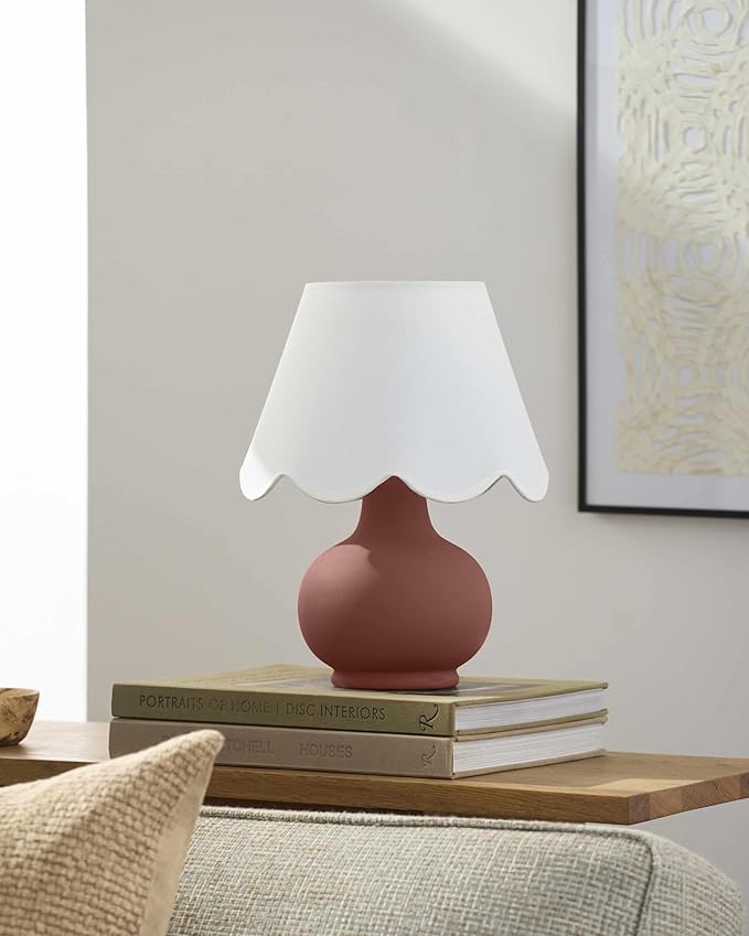 BoutiqueRugs Navarro Boho Ceramic Bedside Table Lamp for Bedroom Nightstand and Living Room - Shade Cotton - Brown, White - 13" H