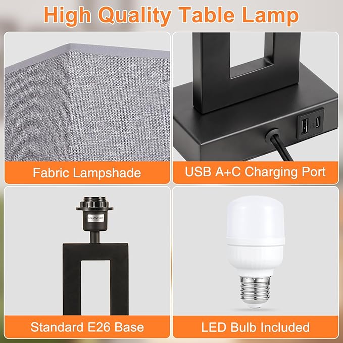 22" Tall Modern Living Room Lamps - Touch Bedside Lamps with USB C+A, 3 Way Dimmable for End Tables - Set of 2 (Grey & Black)