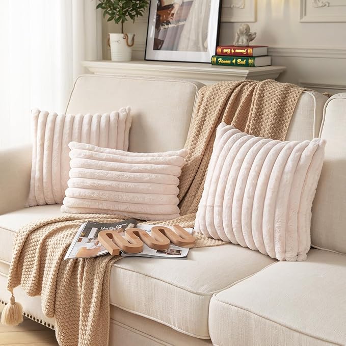DEELAND Pack of 2,Double-Sided Faux Fur Plush Decorative Throw Pillow Covers Fuzzy Striped Soft Pillowcase Cushion Covers for Sofa Couch Bedroom Beige 18x18 inch