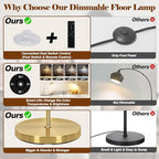 【Upgraded】 Arc Floor Lamps for Living Room - Stepless Dimmable Gold Tall Lamp with Remote Control & Color Temperature 9W LED Bulb, Over Couch Arched Reading Standing Lamp for Bedroom Brass