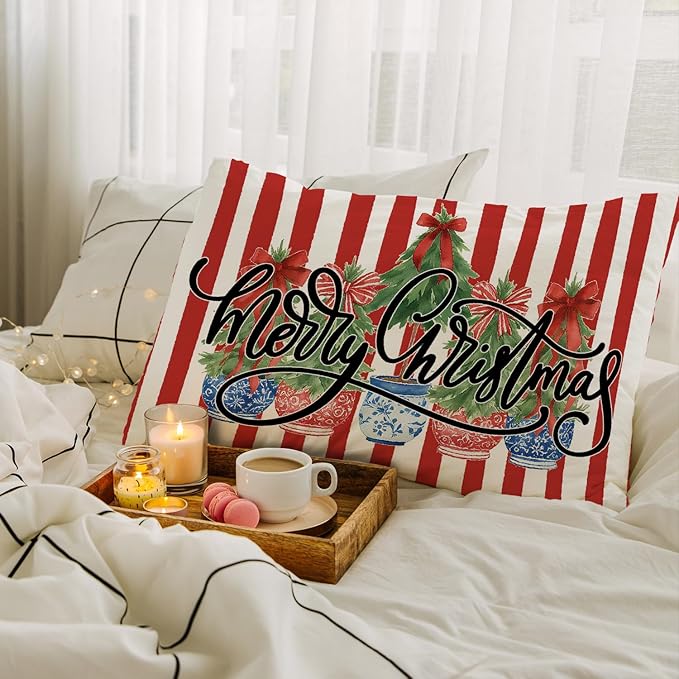 JINYO Red and Blue Chinoiserie Christmas Tree Pillow Covers 12x20, Grandmillennial Christmas Decor, Red Bow Xmas Tree Striped Lumbar Pillow Covers for Home Living Room Bedroom Sofa Couch