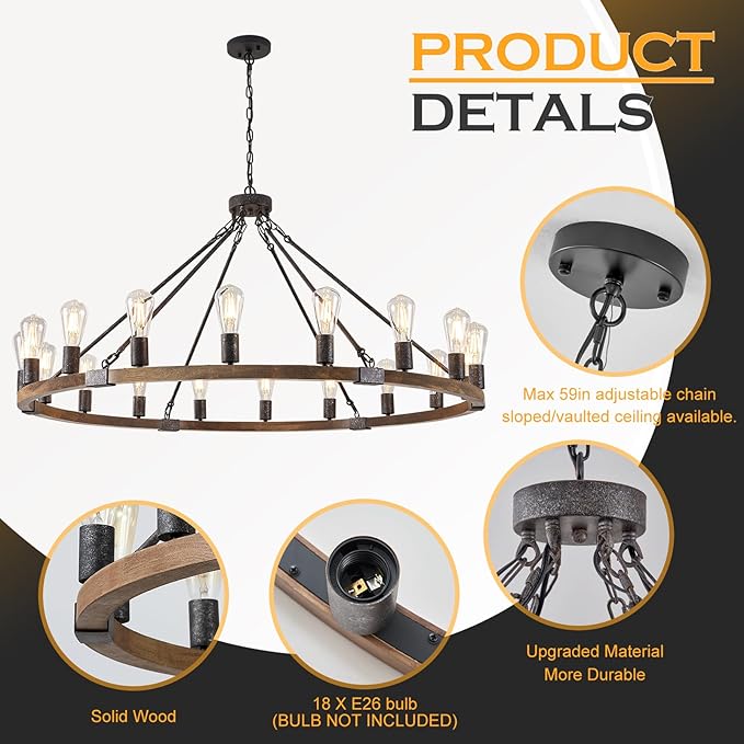 Farmhouse Wagon Wheel Chandelier 47" Black Rustic Light Fixtures 18-Light Wood Round Chandelier for Foyer Living Room Entryway Dining Room