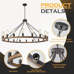 Farmhouse Wagon Wheel Chandelier 47" Black Rustic Light Fixtures 18-Light Wood Round Chandelier for Foyer Living Room Entryway Dining Room