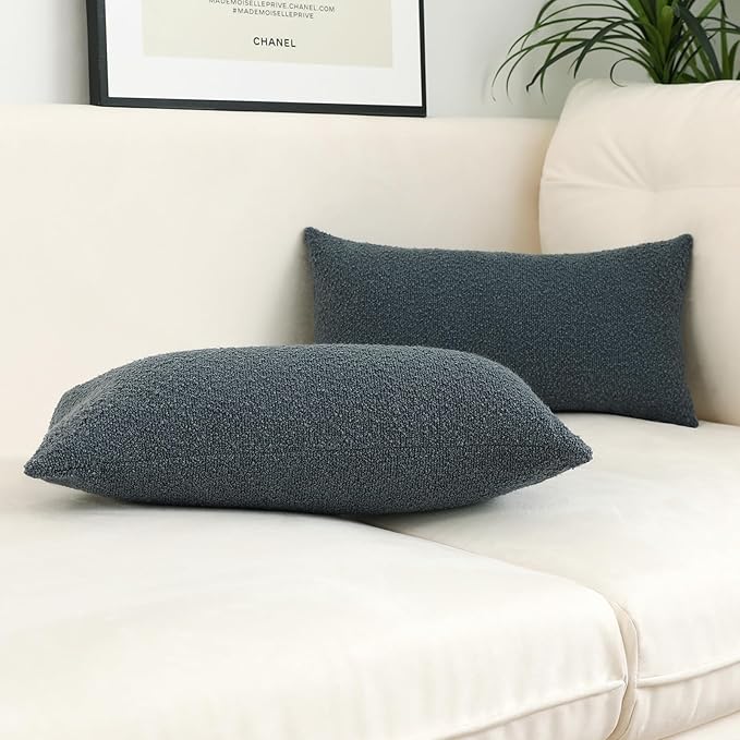 Jeneoo Grey Blue Decorative Long Lumbar Thick Throw Pillow Covers Fine Textured Boucle Couch Cushion Case for Sofa Decor, Set of 1, 14 x 36 Inch