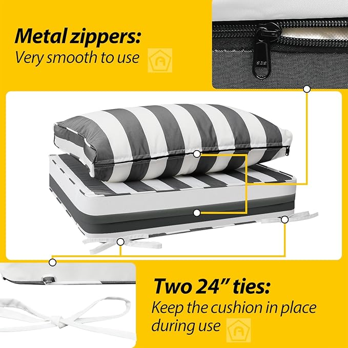 AAAAAcessories Outdoor Deep Seat Cushions, Waterproof, Fade-Resistant Patio Furniture Replacement Cushions, 25.5" x 25.5" x 5" + 25.5" x 13.5", Gray Cabana Stripe