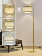 64" Modern Floor Lamp for Living Room Bedroom, Arc Floor Lamp with 3 Color Temperatures, Standing Lamp with Double Oatmeal Linen Lampshade, Tall Lamp with A19 12W LED Bulb, Foot Switch Control, Gold