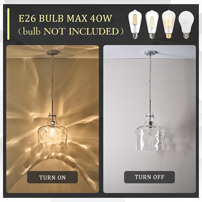 Extra Large 16" Vintage Farmhouse Pendant Light – Hand-Blown Clear Hammered Glass Shade, Adjustable Chain Hanging Light for Kitchen Island, Hallway, Dining Room, Chrome