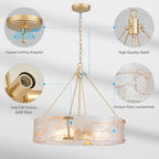 XINGQI 4-Light Modern Gold Glass Chandelier Round Water Ripple Pendant Lighting Fixture for Dining Room Living Room Kitchen Island Office Elegant French Chandeliers