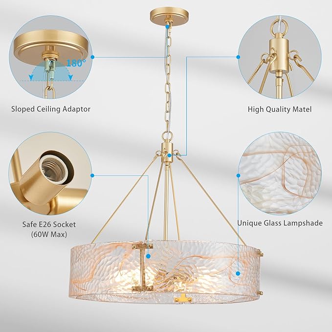 XINGQI 4-Light Modern Gold Glass Chandelier Round Water Ripple Pendant Lighting Fixture for Dining Room Living Room Kitchen Island Office Elegant French Chandeliers