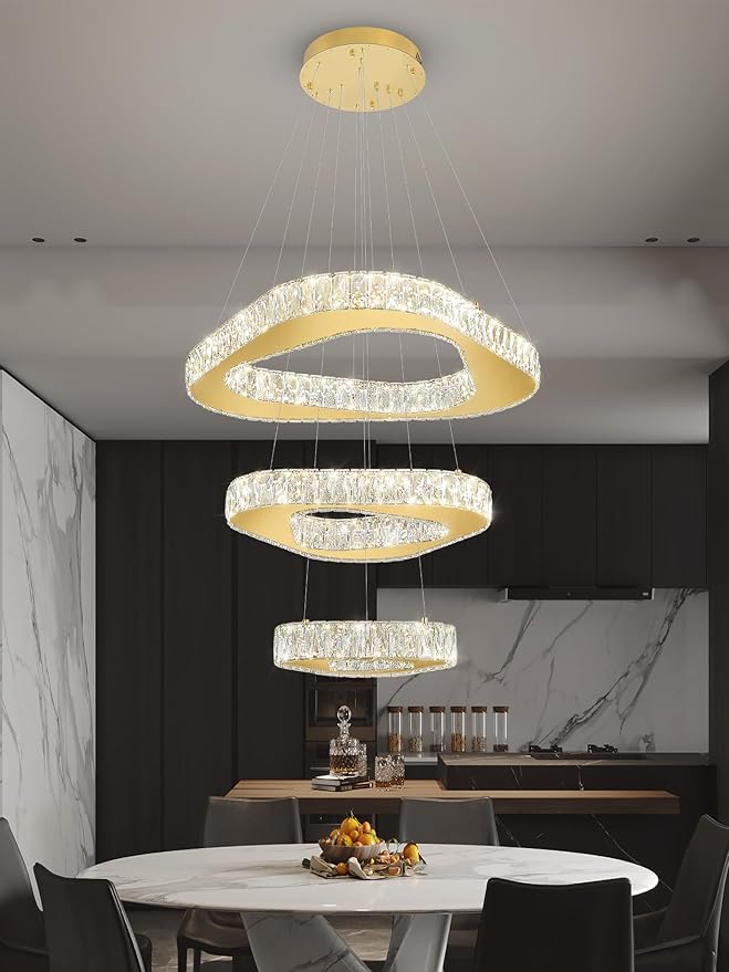 Modern Led Gold Chandelier Adjustable 3 Rings Crystal Chandelier for Living Room Foyer Stairwell Lighting High Ceiling Light Dimmable 2700K-6000K