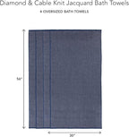 Texere 100% Organic Cotton Jacquard 650 GSM Premium Bath Towel Sets - Extra Absorbent Quick Dry and Plush (Cable, Estate Blue, 4 Bath Towels)