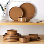Onader Stoneware Dinnerware Sets for 4, Plates and Bowls with Unglazed Terracotta Bottom, Elegant Kitchen Ceramic Dish Dishware Set, Reactive Glaze 12 Piece - Earthy Umber