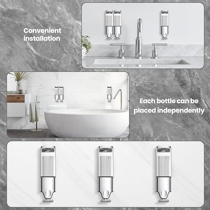 3-in-1 Quadrate Dispensers for The Shower,Shower soap Dispenser,Conditioner Dispenser, Shampoo Dispenser,No Drilled Wall Mounted Distributor,Hotel,Bathroom,Home (Triple, Colorless)