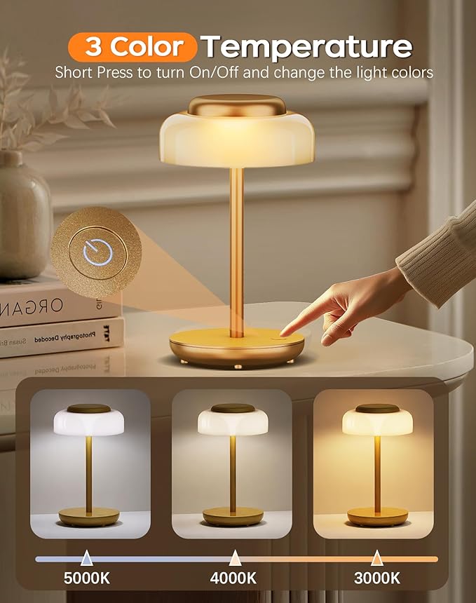 QiMH Battery Operated LED Table Lamp, 5000mAh Rechargeable Cordless Lamp Set of 2, Stepless Dimmable Touch Control, Small Waterproof Desk Night Light for Living Room, Bedroom, Outdoor Bar (Gold)