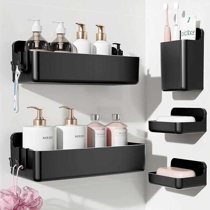 Nieifi Shower Sheves 5 Pack, Adhesive Shower Wall Shelf Organizer for Bathroom Organization, Black