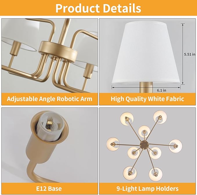Gold Chandeliers for Dining Room with White Fabric Shades,33”Light Fixture Chandelier,9-Lights foyer chandeliers for high ceilings,2 Tiered Lantern Farmhouse Pendant Light for Living Room,Entryway