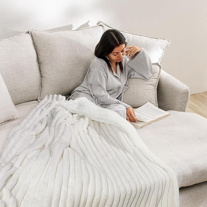 MOSAYT Throw Blanket for Couch Or Bed, Super Soft Faux Rabbit Fur Lamb Hair Blanket, Elegant Ruched Design Fleece Blanket, White Cozy Blanket for Couch, Sofa and Bed(50x60 Inch)