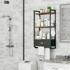 Bathroom Storage Organizer Wall Mounted, 3 Tier Bathroom Towel Rack Shelf with Storage Drawer Double Towel Bars and Hooks, Industrial Bathroom Shelves Over Toilet, Rustic Black and Brown (A)