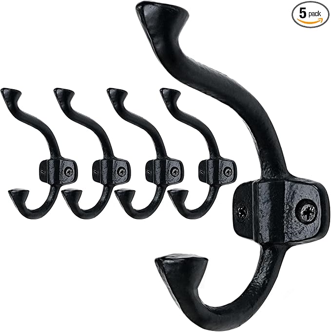 SKOLOO Heavy-Duty Black Wall Hooks Set - Farmhouse Style Cast Iron Hooks, Pack of 5 - Ideal for Backpack, Coat, and Towel Hooks - Perfect for Entryway, Mud Room, and Bathroom Storage