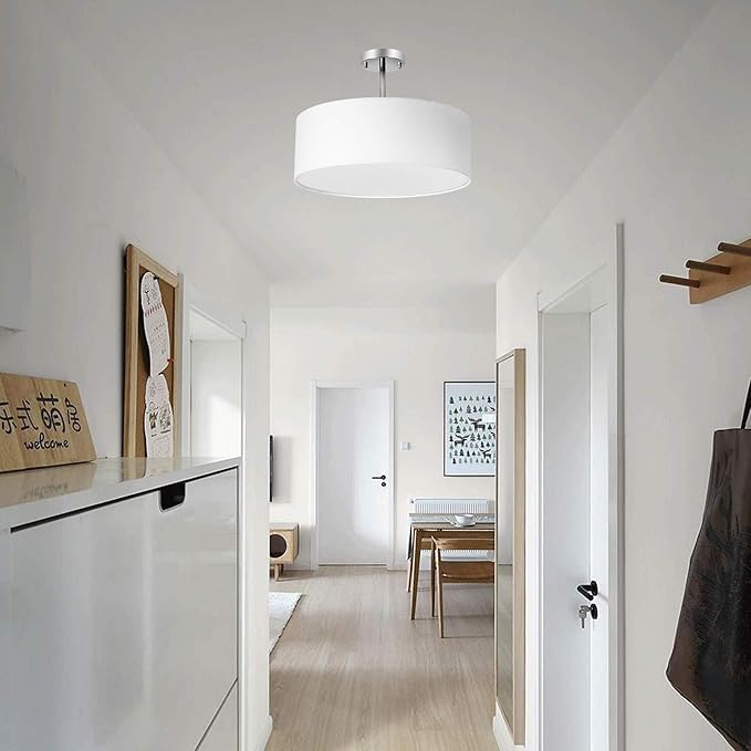 SomSom Ceiling Light, Semi-Flush Mount Modern Fabric Pendant Light Shade, Large White Drum Lampshade, Round Pendant Lamp, Lamps for bedrooms, Flush Chrome Matt, 3 Bulbs