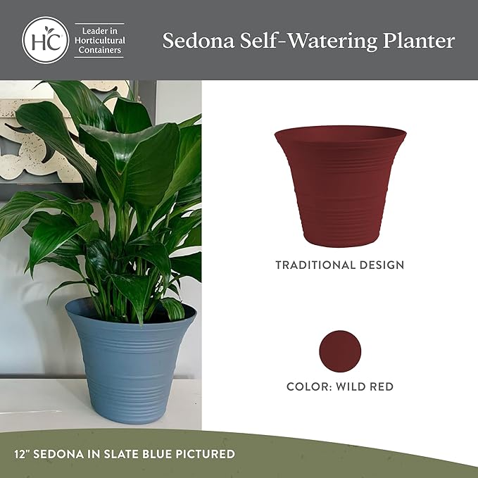 The HC Companies Sedona Round Self-Watering Pot - Lightweight Self Care Planter - Plastic Planter for Herbs & More - Durable Plant Pots for Indoor Plants & Outdoor Plants (9" Wild Red, Pack of 4)