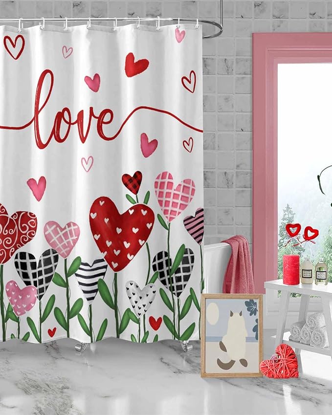 Vandarllin Valentine's Day Shower Curtain, Pink Red Love Shower Curtains Set with Hooks, Romantic Heart Leaves Waterproof Fabric Bathroom Curtains Decor Accessories, Stall Long 36 X 78