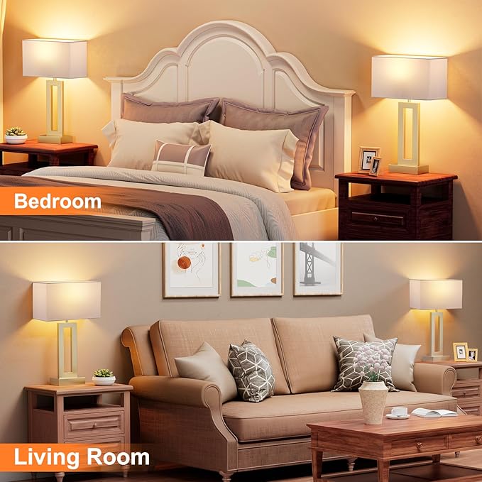 Nightstand Table Lamps for Bedrooms Set of 2 - Touch Bedside Lamp with USB C+A, 3 Way Dimmable Living Room Lamps for End Tables Set of 2(White&Gold)