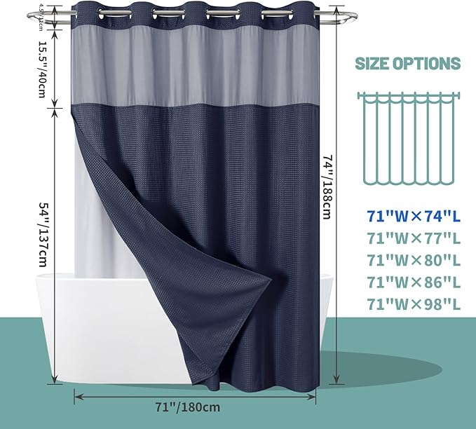 Navy No Hook Waffle Weave Shower Curtain with snap-in Liner Replacement, 230GSM Waterproof Fabric Hotel Shower Curtain Set for Bathroom, Through Mesh Top Window,71Wx74H