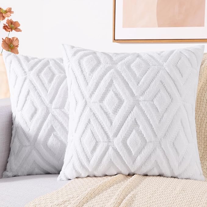 decorUhome Couch Throw Pillow Covers 20x20 Set of 2, Decorative Soft Plush Faux Wool Neutral Accent Pillow Covers for Bed Sofa Living Room, Pure White