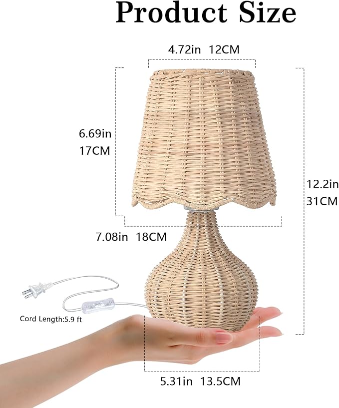 Rattan Small Bedside Table Lamp for Bedroom, Boho Mini Table Lamps for Nightstand, Farmhouse Small Table Lamps for Small Spaces for Kitchen Counter, Bookshelf, Bedroom, Kids Dorm