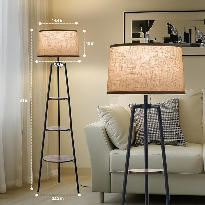 3 Tier Shelf Floor Lamps for Living Room, Modern Standing Lamp with 3 Color Temperature Led Bulb, Tall Lamps for Bedroom and Office, Vintage Yellow