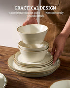 Famiware Saturn Dinnerware Sets, Plates and Bowls Sets for 4, 12 Pieces Stoneware Dish Set - Chip and Scratch Resistant, Microwave and Dishwasher Safe Tableware Set, Vanilla White with Rim