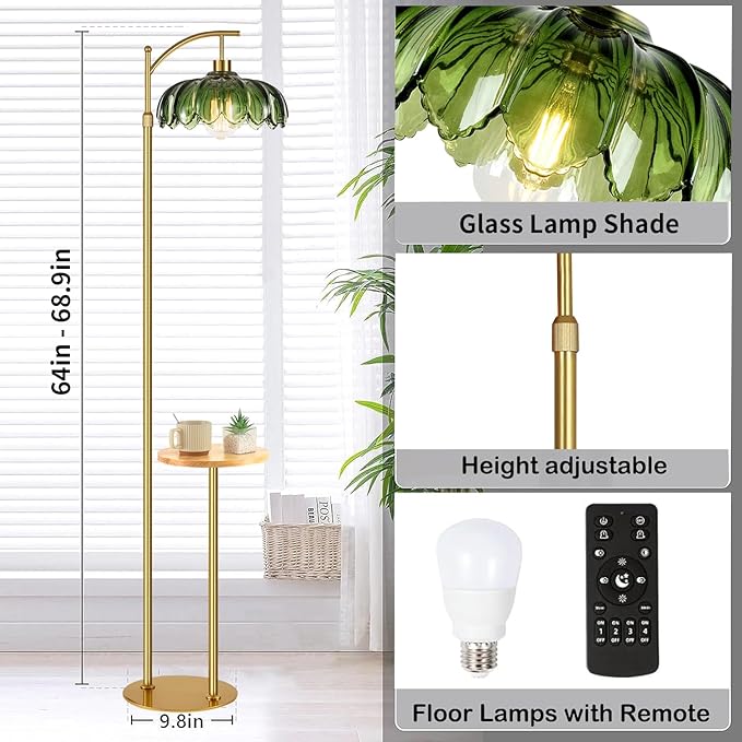Gold Floor Lamp with Table and Shelves for Living Room Bedroom,Glass Standing Lamp with Remote Dimmable,Boho Brass Tall Lamp Vintage Farmhouse Arc Flower Floor Light Bohemian