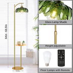 Glass Floor Lamp with Table and Shelves for Living Room Bedroom,Gold Standing Lamp with Remote Dimmable,Boho Brass Tall Lamp Vintage Farmhouse Arc Green Flower Floor Light Bohemian