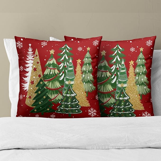 Christmas Red Throw Pillow Covers 16x16, Set of 2 Gold Green Xmas Trees Snowflakes Decorative Pillow Cases Square Cushion Cover for Couch Sofa Bed Farmhouse Holiday Decoration