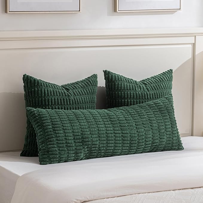 Fancy Homi 1 Pack Hunter Green Long Lumbar Body Decorative Throw Pillow Covers 14x36 Inch for Bed Couch Bedroom Bench, Soft Corduroy Rectangle Solid Forest Green Pillow Case 35x91 cm
